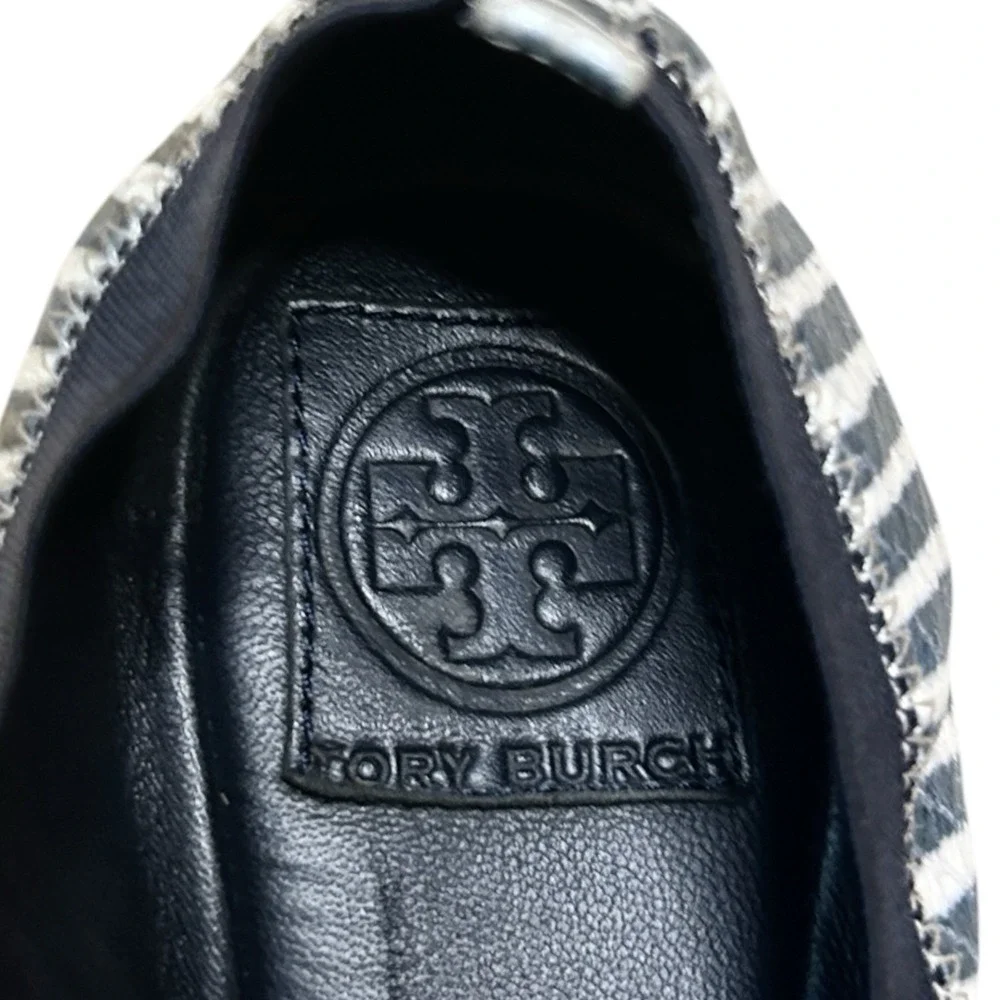 TORY BURCH Caroline Leather Ballet Flats sz 10 Snake Embossed Navy/ White Stripe